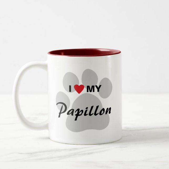 I Love (Heart) My Papillon Pawprint Two-Tone Coffee Mug (Left)