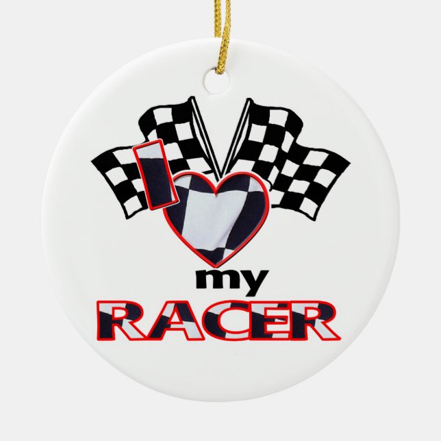 I Love (Heart) My Racer Ceramic Tree Decoration (Front)