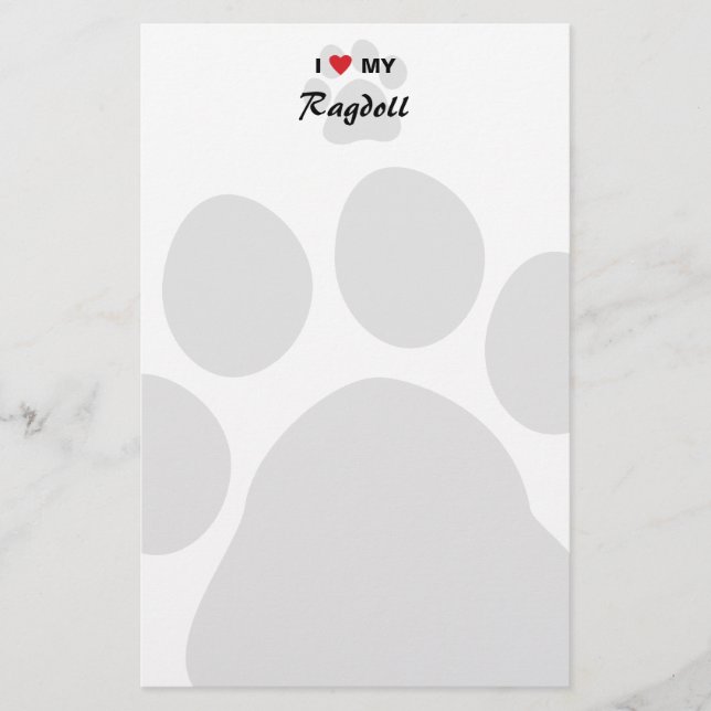 I Love (Heart) My Ragdoll Cat Pawprint Stationery (Front)