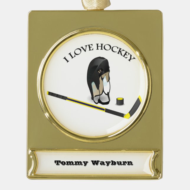 I Love hockey custom design with stick and helmet Gold Plated Banner Ornament (Front)