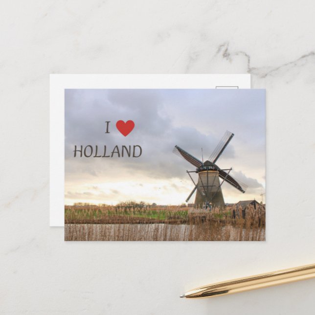 I love Holland windmills and fields postcard (Front/Back In Situ)