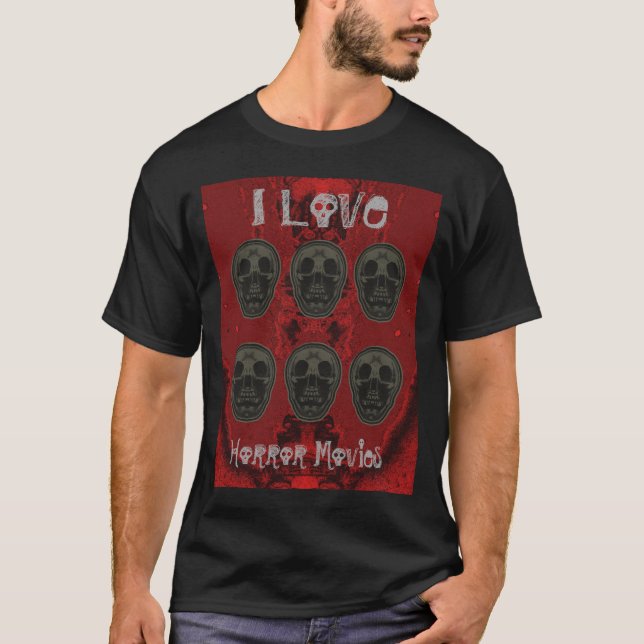 I Love Horror Movies - Red and Grey T-Shirt (Front)