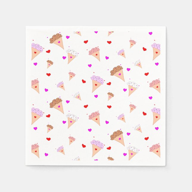 I Love Ice Cream, Cones Hearts Flavours Pattern Napkin (Front)