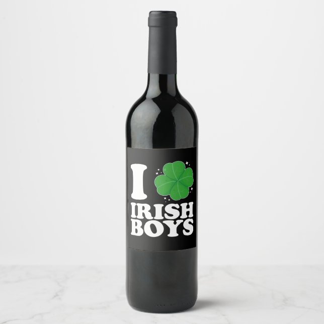 I Love Irish Boys Shamrock Heart St Patrick's Day Wine Label (Front)
