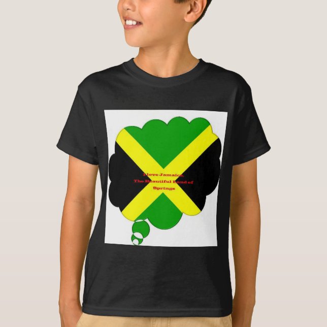I Love Jamaica Text on Flag Art Print T-Shirt (Front)