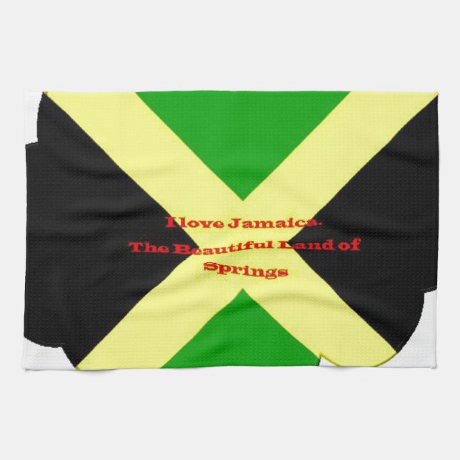 I Love Jamaica Text on Flag Art Print Tea Towel (Horizontal)