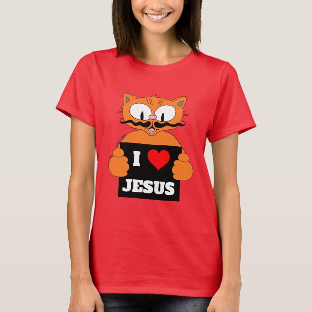 "I Love Jesus" Cartoon Cat Señor Gato Christian T-Shirt (Front)
