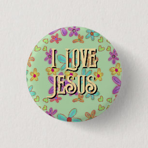 I Love Jesus Christian Girl Flowers Green 3 Cm Round Badge