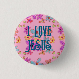 I Love Jesus Christian Girl Pink Floral 3 Cm Round Badge