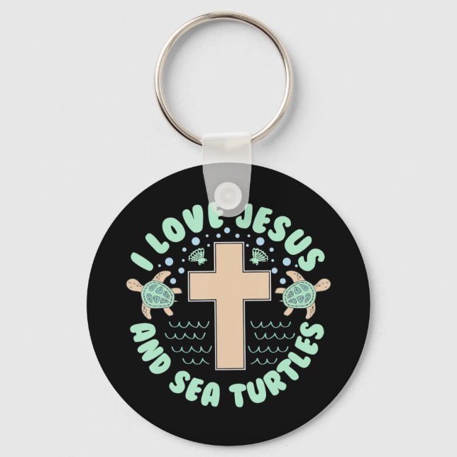 I Love Jesus & Sea Turtles Christian Faith Cross B Key Ring (Front)