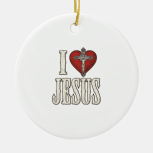 I Love Jesus Vintage Engraving Faith Shirt Design_ Ceramic Tree Decoration