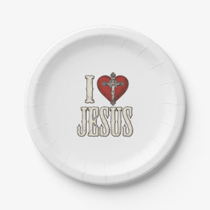 I Love Jesus Vintage Engraving Faith Shirt Design_ Paper Plate
