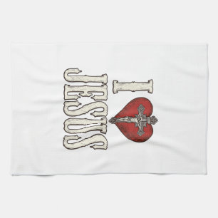 I Love Jesus Vintage Engraving Faith Shirt Design_ Tea Towel