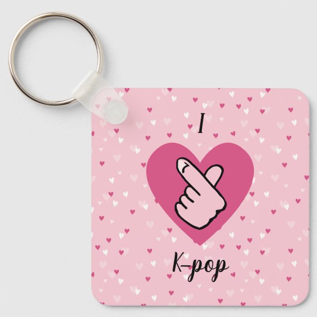 I Love K-pop Pink Finger Heart Pink Black Key Ring (Front)