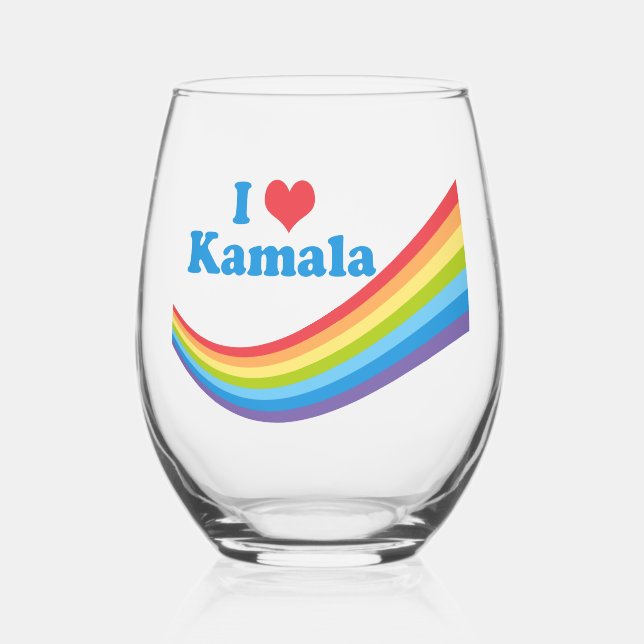 I Love Kamala Cute Election Rainbow Stemless Wine Glass (Front)