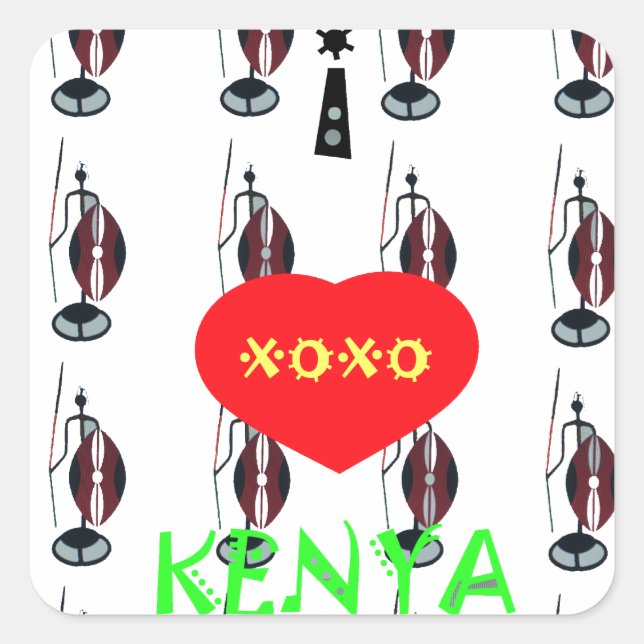 I Love Kenya XOXO Maasai with shield and spear Square Sticker (Front)