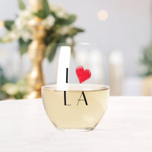 I love L A custom initials heart Stemless Wine Glass