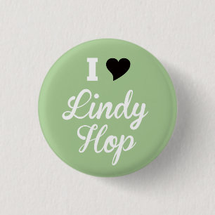I Love Lindy Hop, White Script Black Heart, Mint 3 Cm Round Badge