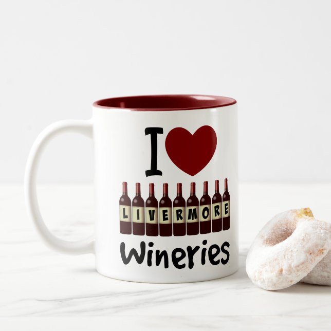 I Love Livermore Wineries Heart and Wine Bottles Two-Tone Coffee Mug (With Donut)