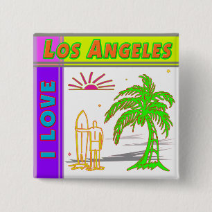 "I LOVE Los Angeles" Sun Palm Tree&Surfer#2 Button