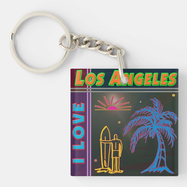 "I LOVE Los Angeles" Sun Palm Tree&Surfer Keycahin Key Ring (Front)