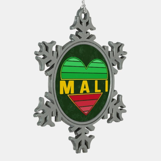 I Love Mali, Malian Heart Snowflake Pewter Christmas Ornament (Left)