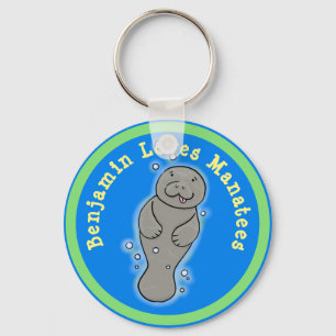 I love manatees cute cartoon illustration key ring