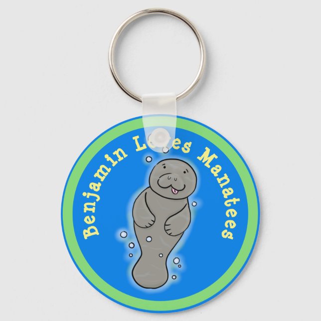 I love manatees cute cartoon illustration key ring (Front)