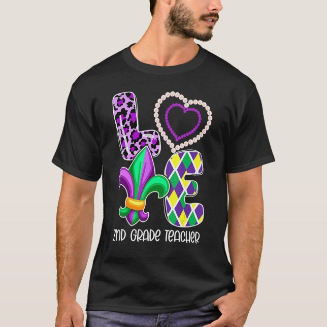 I Love Mardi Gras 2nd Grade Teacher Plaid Leopard  T-Shirt (Front)
