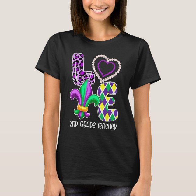 I Love Mardi Gras 2nd Grade Teacher Plaid Leopard  T-Shirt (Front)