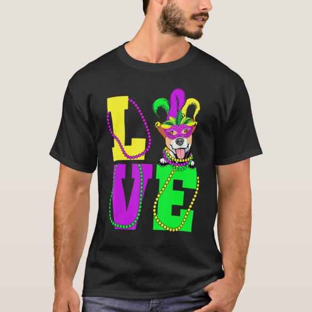 I Love Mardi Gras Jack Russell Terrier Dog Mask Co T-Shirt (Front)