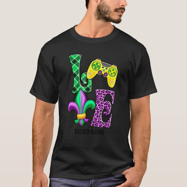 I Love Mardi Gras Video Game Plaid Leopard Men Wom T-Shirt (Front)