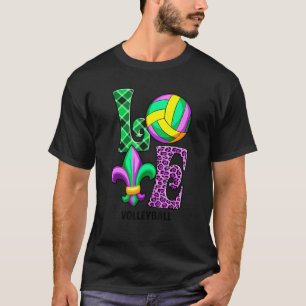 I Love Mardi Gras Volleyball Plaid Leopard Men Wom T-Shirt