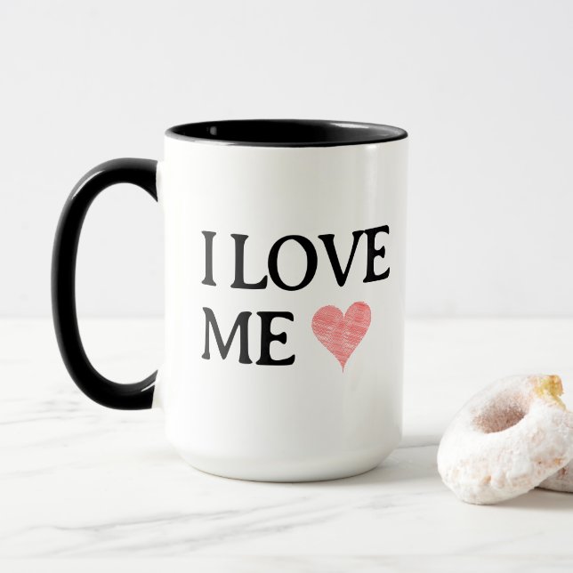 I LOVE ME with Scribble Red Heart - Customisable Mug (With Donut)