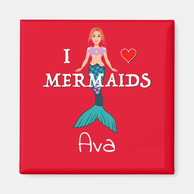 I Love Mermaids Design - Square Magnet Button (Front)