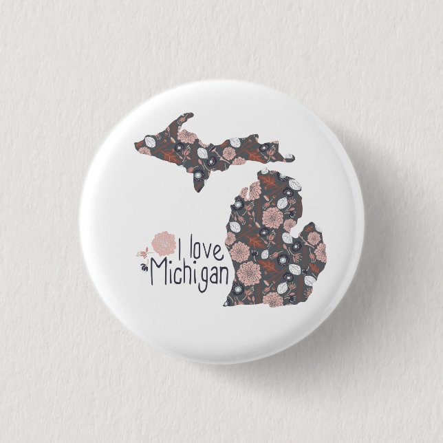 I Love Michigan Playful Floral Pink Brown Black 3 Cm Round Badge (Front)