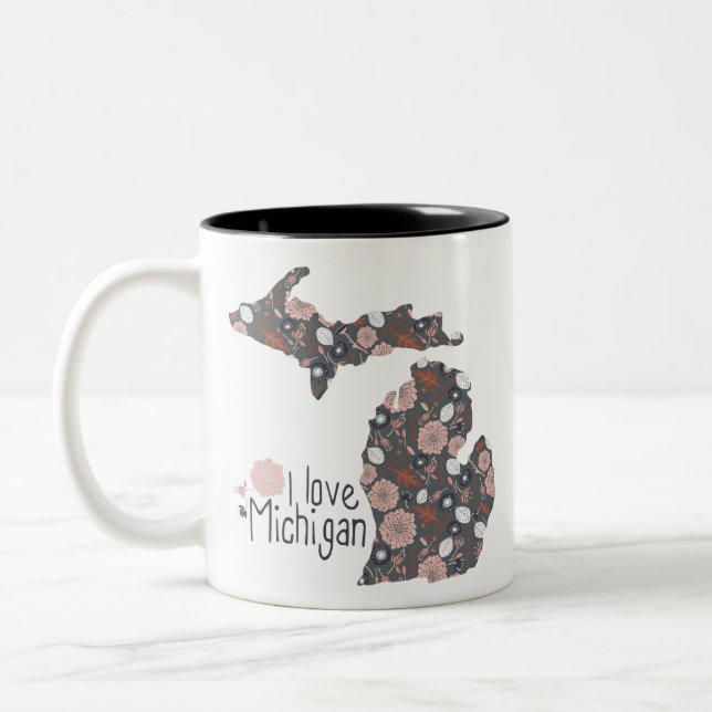 I Love Michigan Playful Floral Pink Brown Black Two-Tone Coffee Mug (Left)