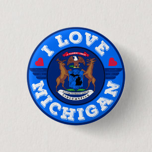 I Love Michigan State Map and Flag 3 Cm Round Badge