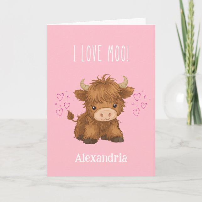 I love Moo Highland Cow Valentine Holiday Card (Front)