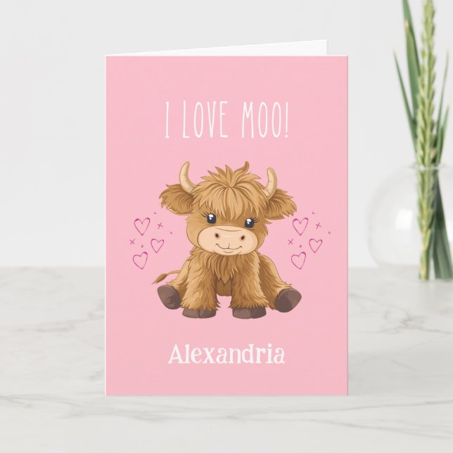 I Love Moo Highland Cow Valentine Holiday Card (Front)