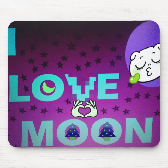 "I Love Moon" – A Whimsical Celestial Art Design Mouse Mat (Front)