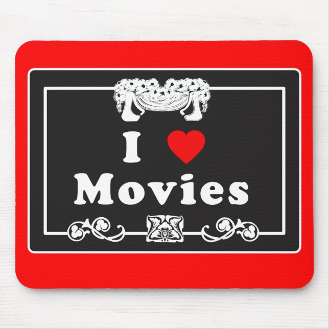 I Love Movies with Silent Movie Flair Mouse Mat (Front)