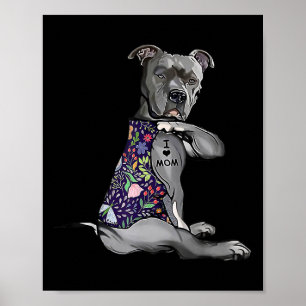 I Love Mum Funny Pitbull Dog Tattoo Flower Mothers Poster