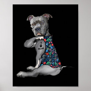 I Love Mum Funny Pitbull Dog Tattoo Flower Mothers Poster