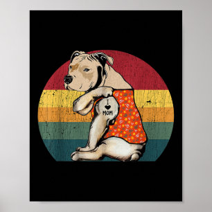 I Love Mum Pitbull Dog Tattoo Flower Vintage Mothe Poster