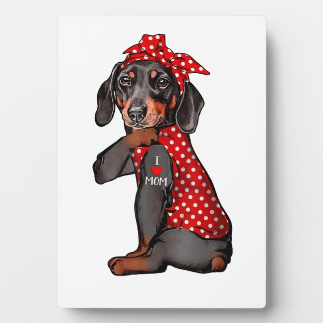 I Love Mum Tattoo Funny Dachshund Dog Wearing Band Plaque (Front)