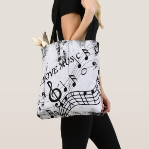 I Love Music Musical Notes Art Grunge Vintage Tote Bag
