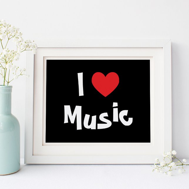 I Love Music Poster (Black and White I Love Music Red Heart Poster)