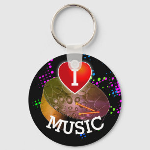I Love Music with Heart and Pan Black Background Key Ring