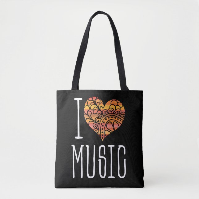 I Love Music Yellow Orange Mandala Heart Tote Bag (Front)